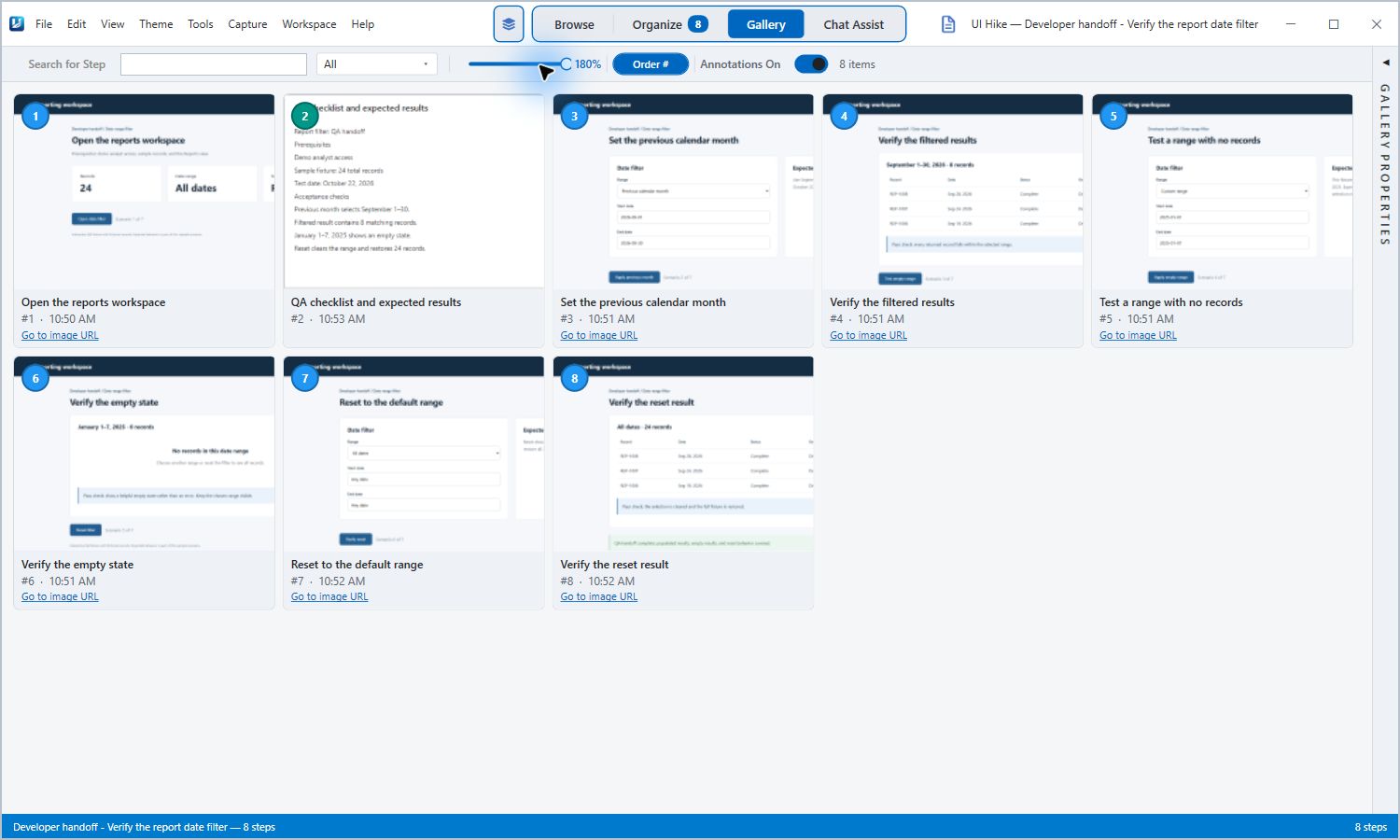 Real UIHike Gallery showing ordered reporting steps, a checklist, matching results, an empty state, and reset