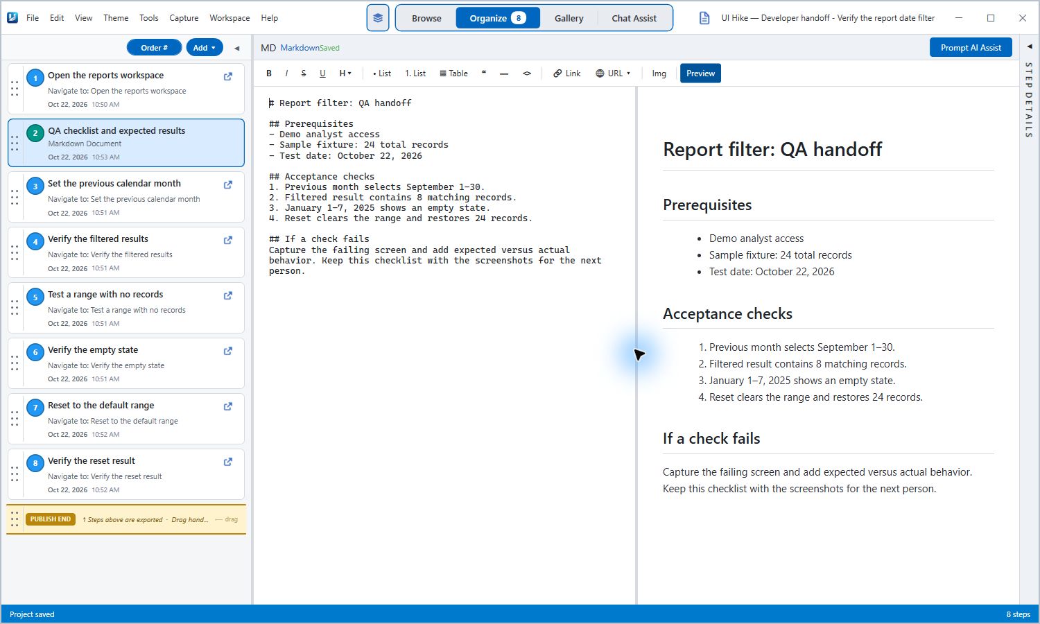UIHike Markdown editor showing reporting prerequisites and expected-result checks beside a live preview
