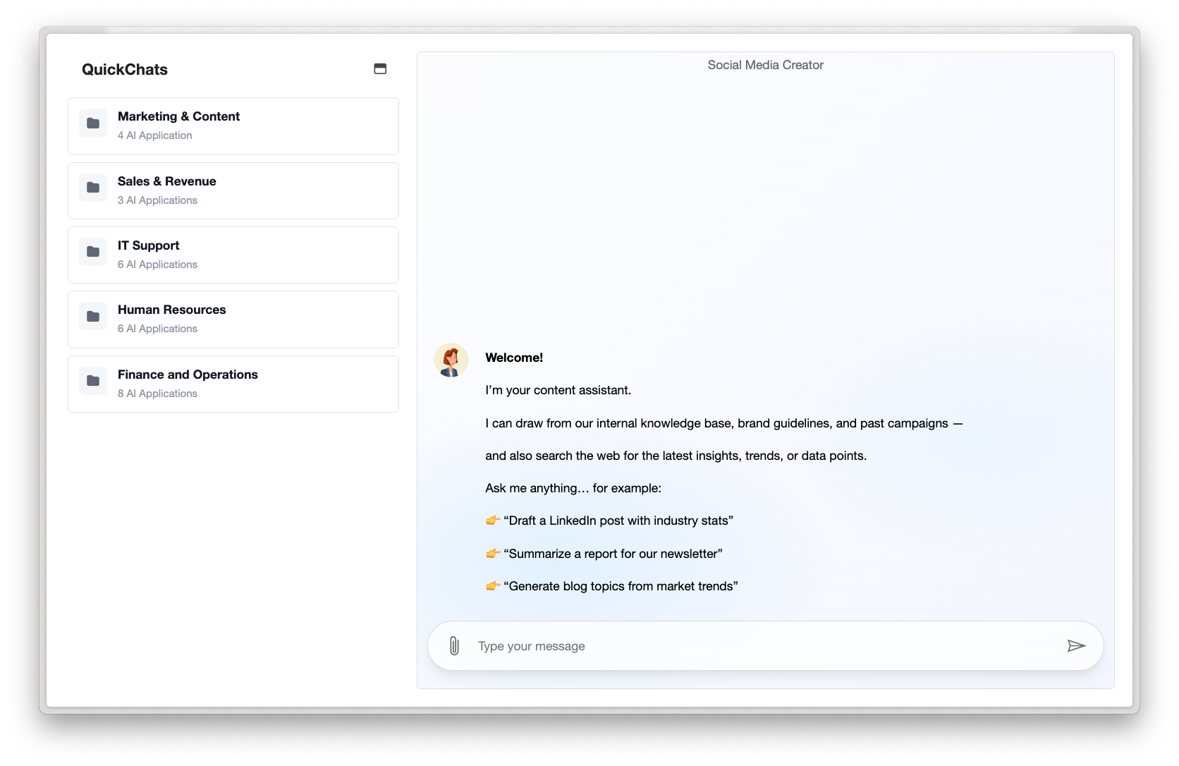 Quick Chats AI agent interface